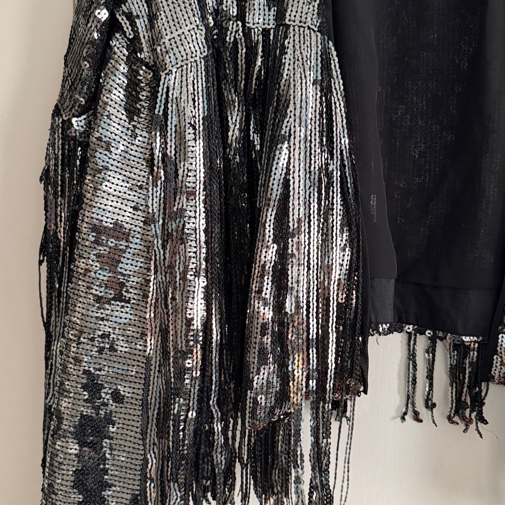 By Anthropologie Green Silver Black Sequin Fringed Jacket Large EUC Rare - Picture 9 of 10